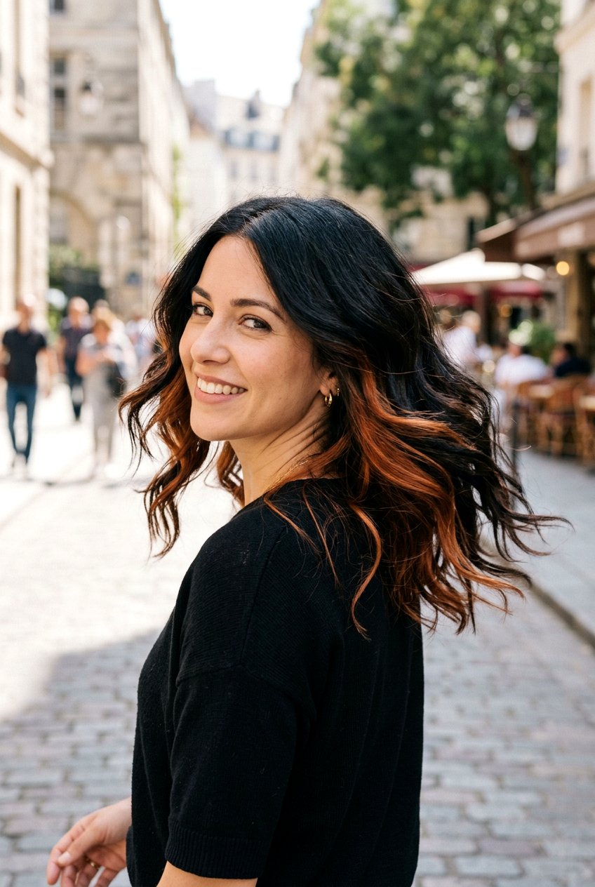 Black Hair with Copper Peekaboo Highlights - 20 black hair with copper highlights - 20 black hair with copper highlights