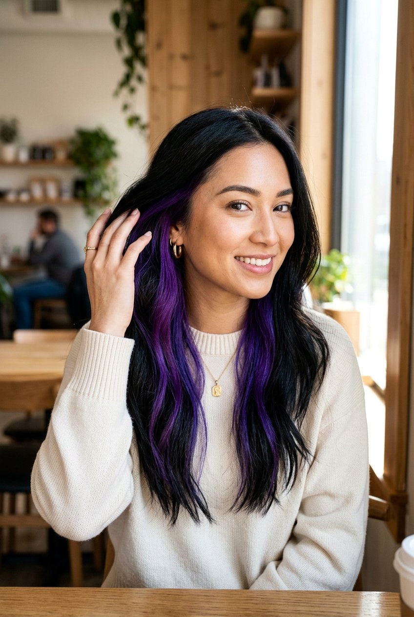 Black Hair with Purple Peekaboo Highlights - 20 black hair with purple underlayer - 20 black hair with purple underlayer