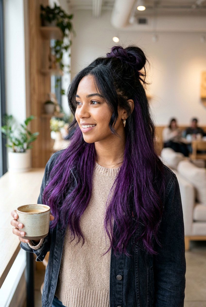 Black Hair with Purple Underlayer Half Up Half Down - 20 black hair with purple underlayer - 20 black hair with purple underlayer