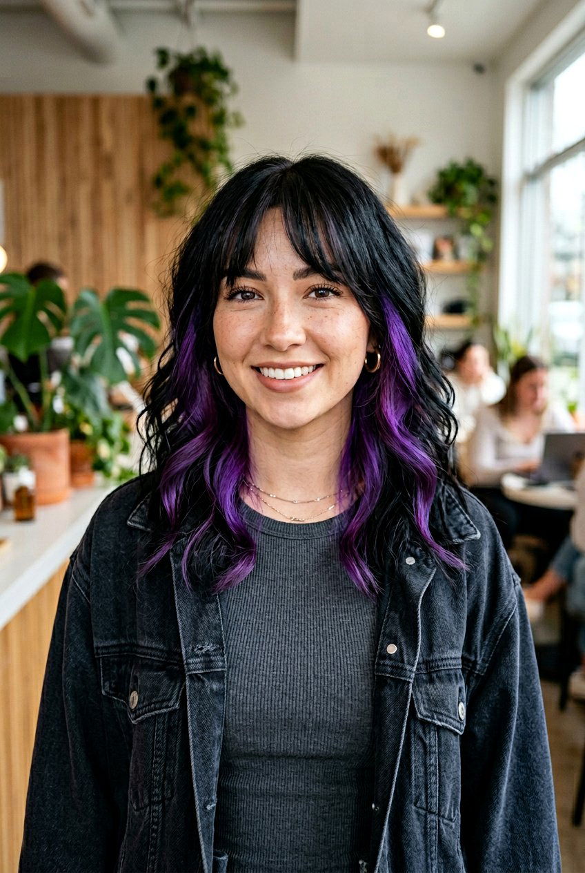 Black Hair with Purple Underlayer and Curtain Bangs - 20 black hair with purple underlayer - 20 black hair with purple underlayer