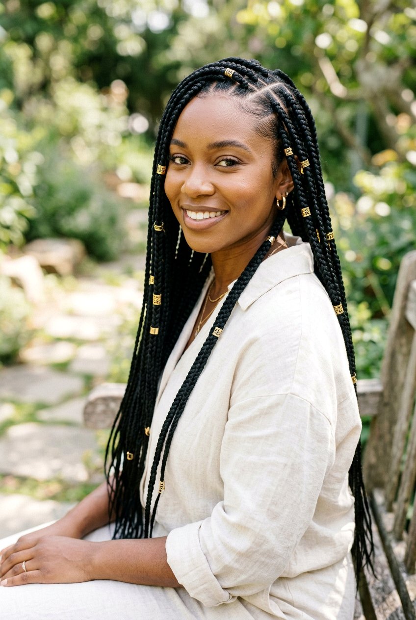 Black Knotless Braids With Gold Accessories - 20 black hair makeover ideas - 20 black hair makeover ideas