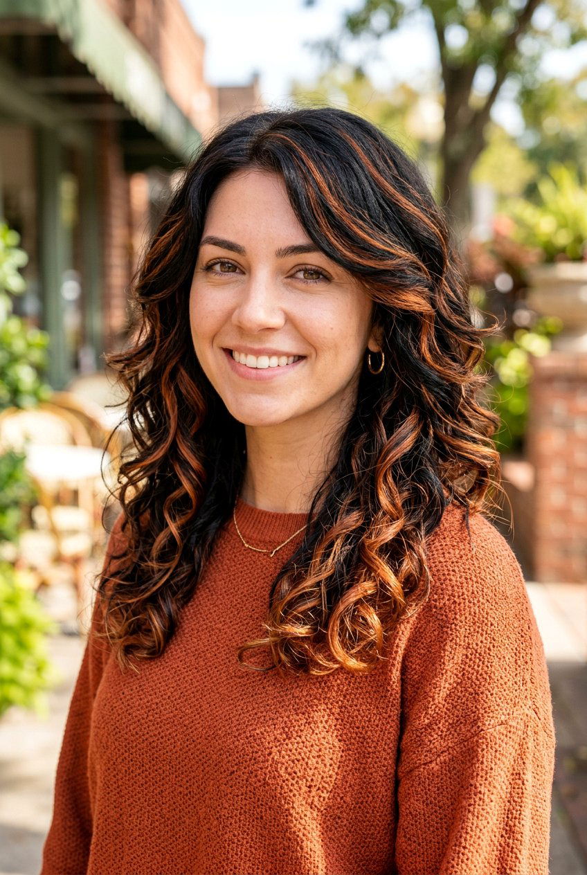 Black Layered Cut With Copper Ribbons - 20 copper highlights on black hair - 20 copper highlights on black hair