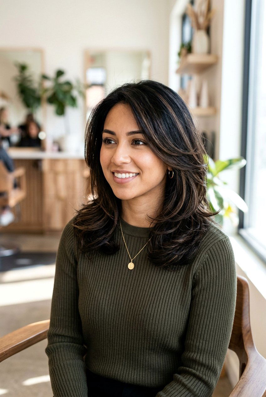 Black Layered Cut With Soft Espresso Brown Highlights - 20 black hair with soft brown highlights - 20 black hair with soft brown highlights