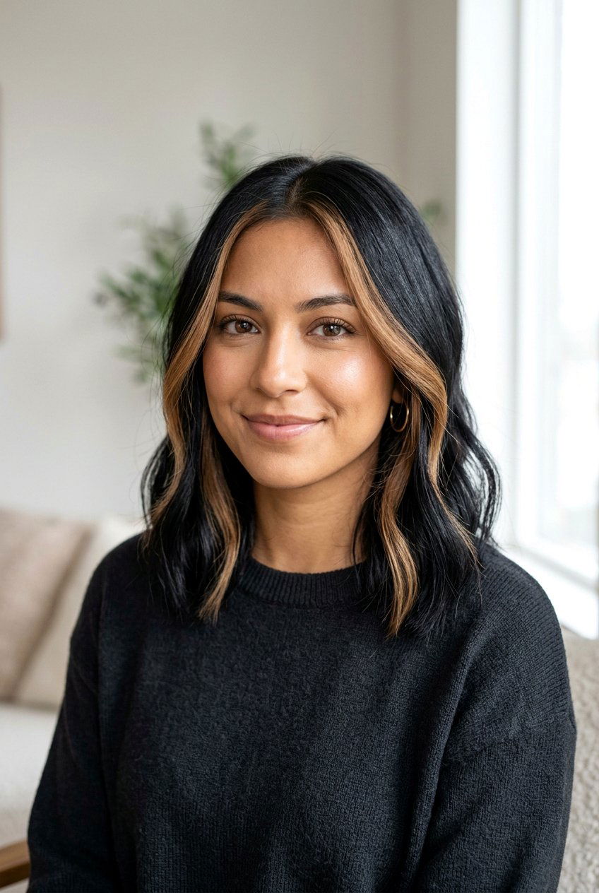 Black Lob Haircut With Soft Light Brown Money Piece - 20 black hair with soft brown highlights - 20 black hair with soft brown highlights