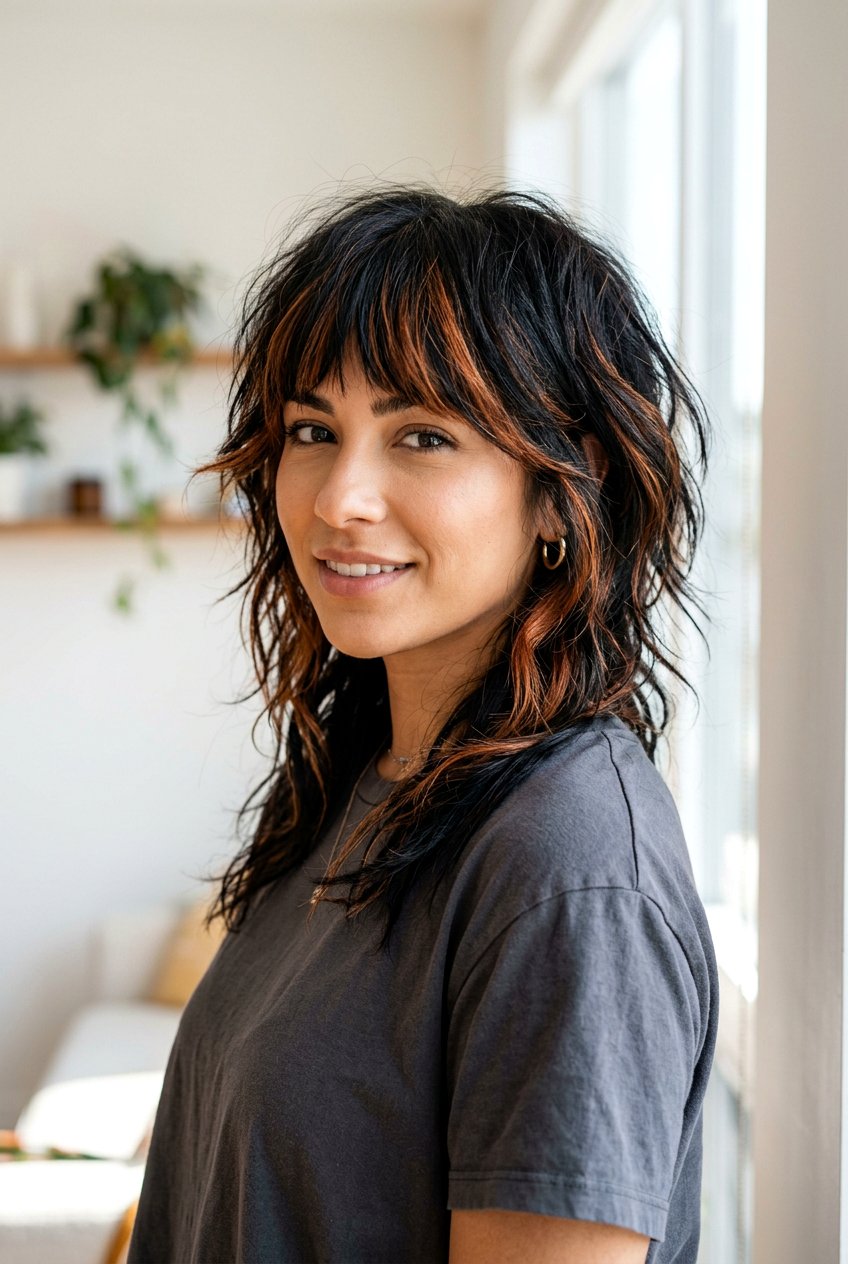 Black Shag Haircut With Copper Highlights - 20 copper highlights on black hair - 20 copper highlights on black hair