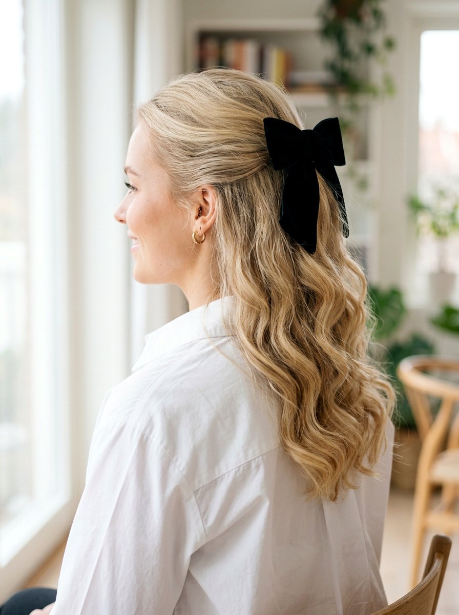 Black Velvet Half Up Contrast - 20 ribbon bow half up hairstyle - 20 ribbon bow half up hairstyle