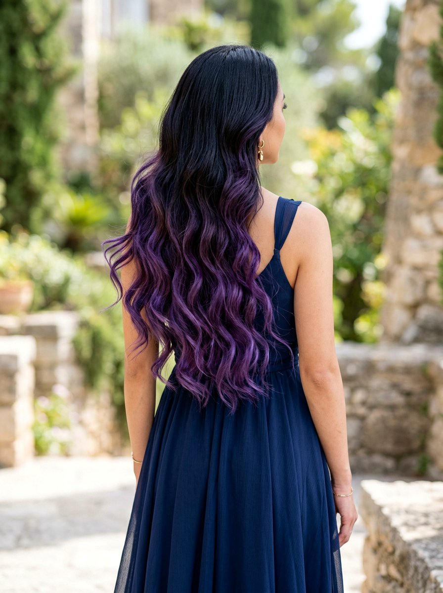 Black to Purple Ombre Waves - 20 purple balayage with black roots - 20 purple balayage with black roots