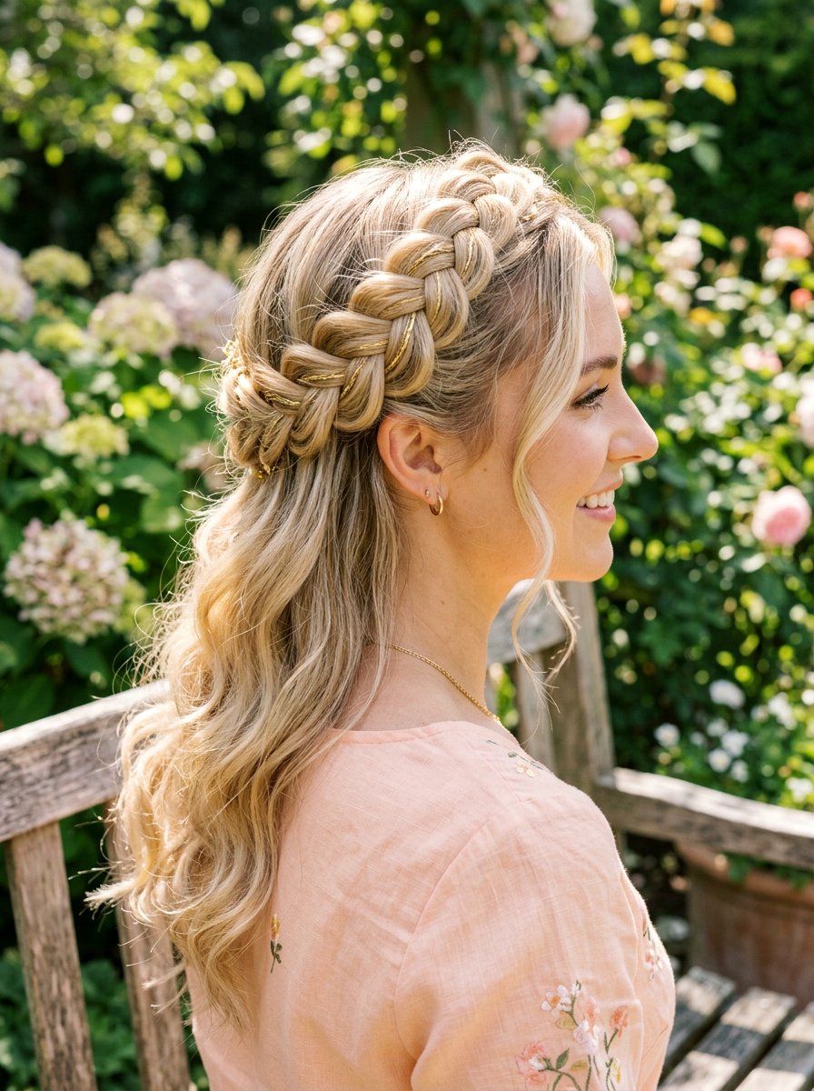 Blonde Crown Braid With Loose Curls - 20 crown braid with loose curls - 20 crown braid with loose curls