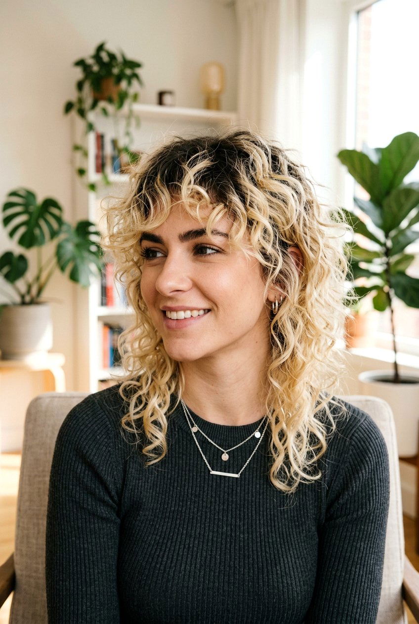 Blonde Curly Wolf Cut With Dark Roots - 20 layered wolf cut for curly hair women - 20 layered wolf cut for curly hair women