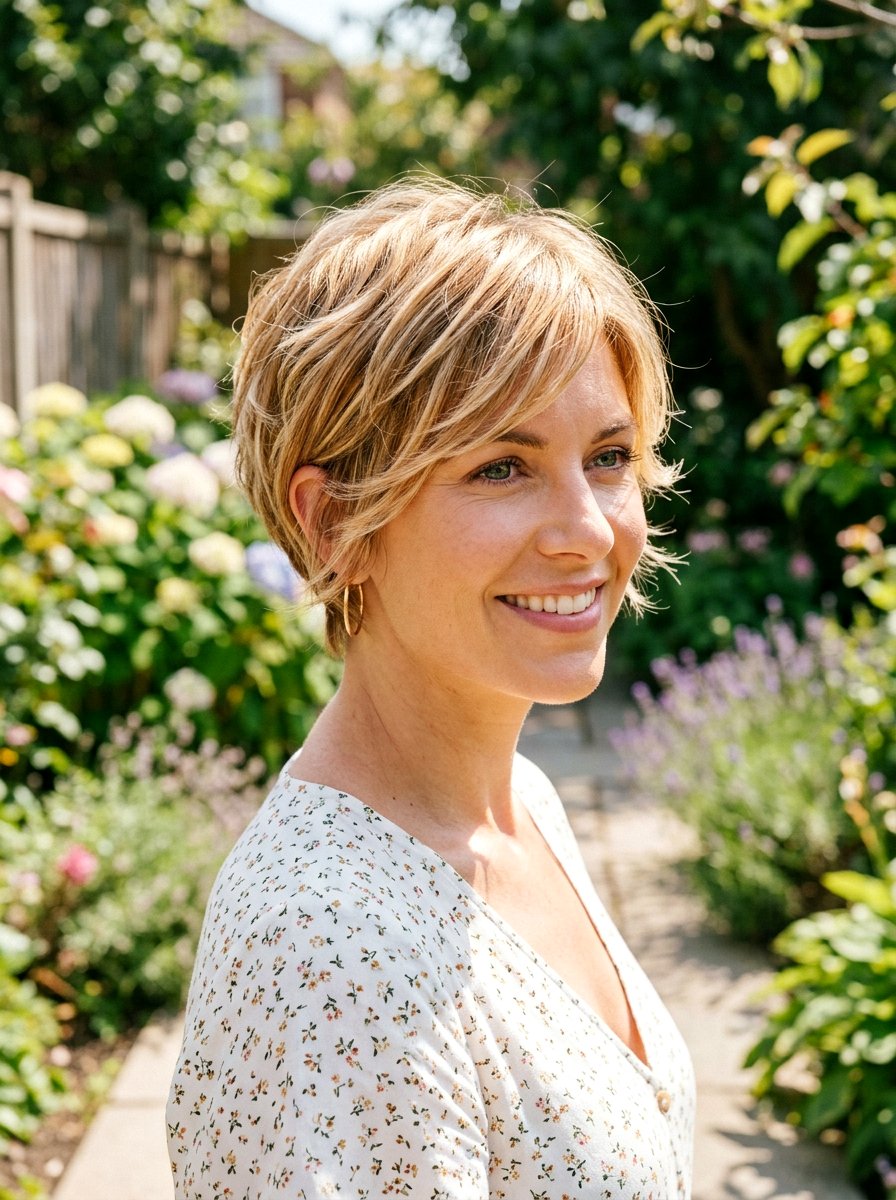 Blonde Feathered Pixie With Highlights - 20 soft feathered pixie for older women - 20 soft feathered pixie for older women