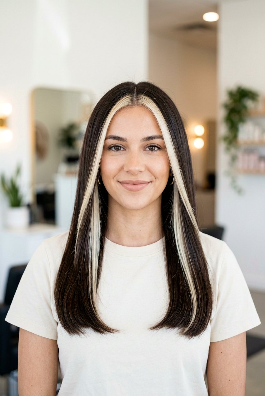 Blonde Money Piece On Brunette With Middle Part - 20 subtle blonde money piece on brunette - 20 subtle blonde money piece on brunette