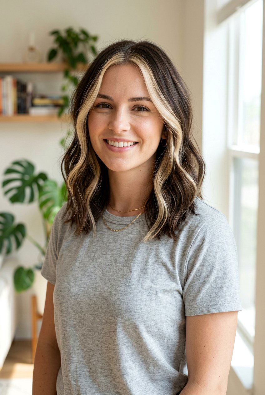 Blonde Money Piece On Brunette With Shoulder Length Hair - 20 subtle blonde money piece on brunette - 20 subtle blonde money piece on brunette