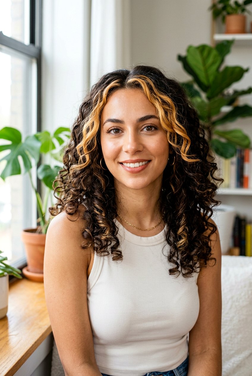 Blonde Money Piece On Curly Brunette Hair - 20 subtle blonde money piece on brunette - 20 subtle blonde money piece on brunette