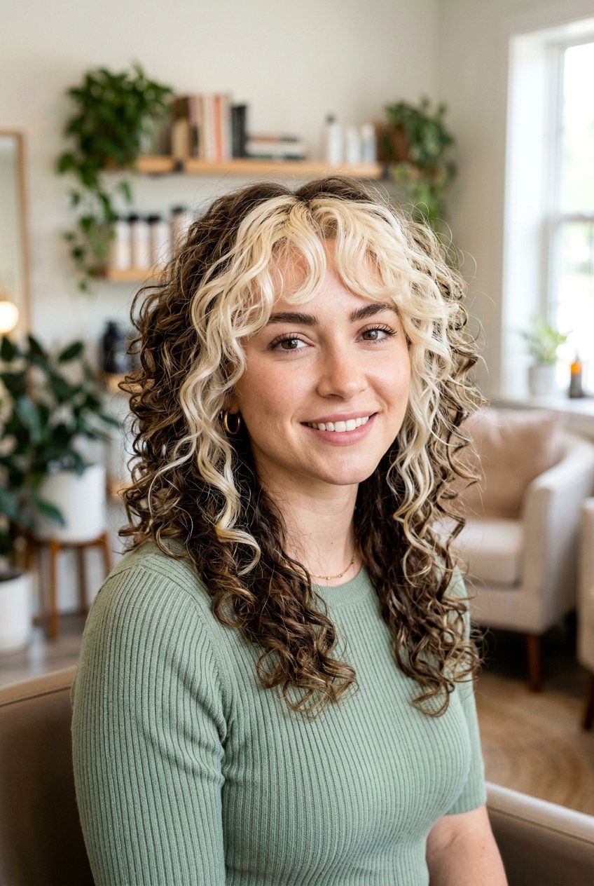 Blonde Money Piece on a Curly Shag - 20 hair color ideas for curly shags - 20 hair color ideas for curly shags