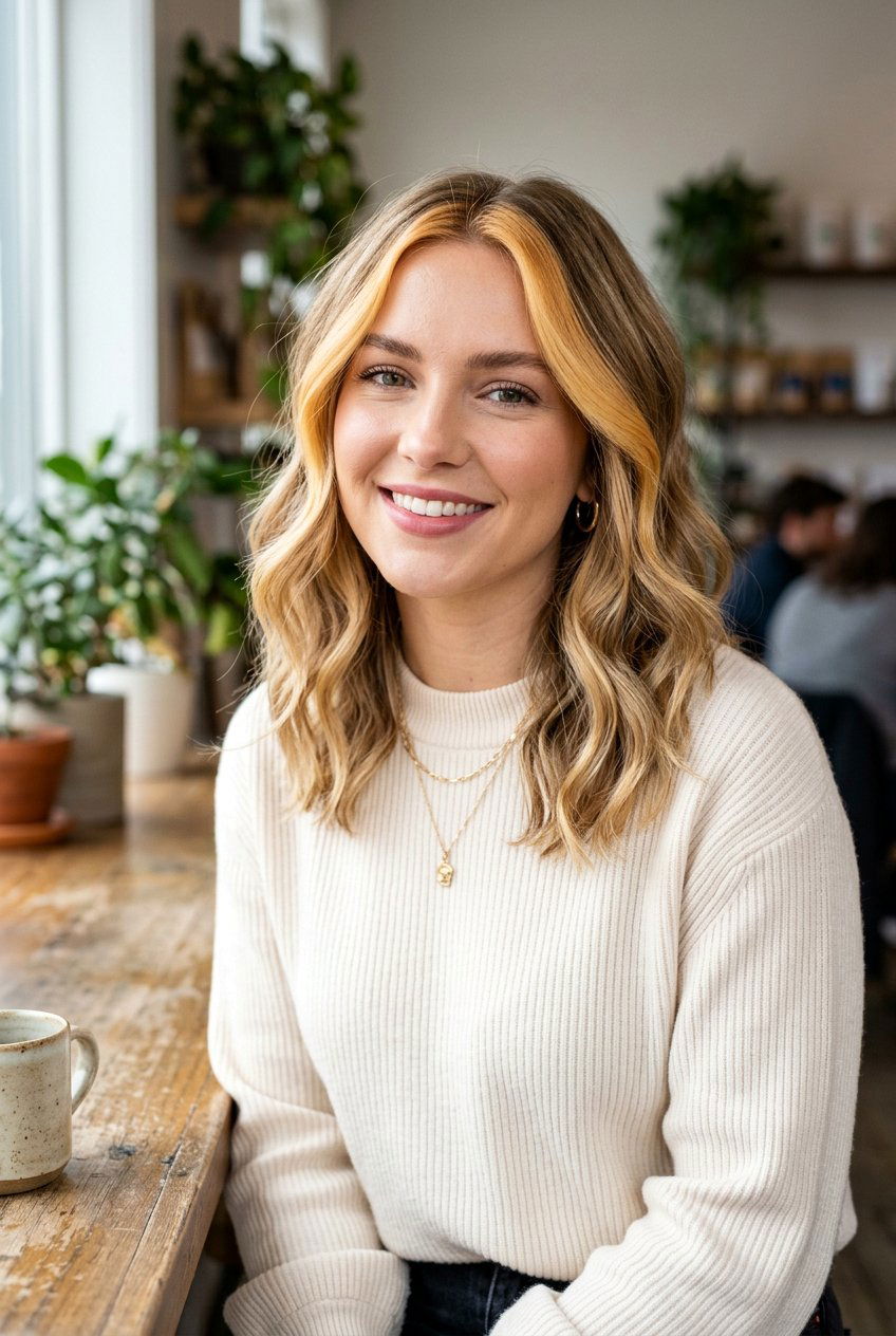 Blonde Money Piece on a Long Wavy Lob - 20 bold money piece ideas - 20 bold money piece ideas