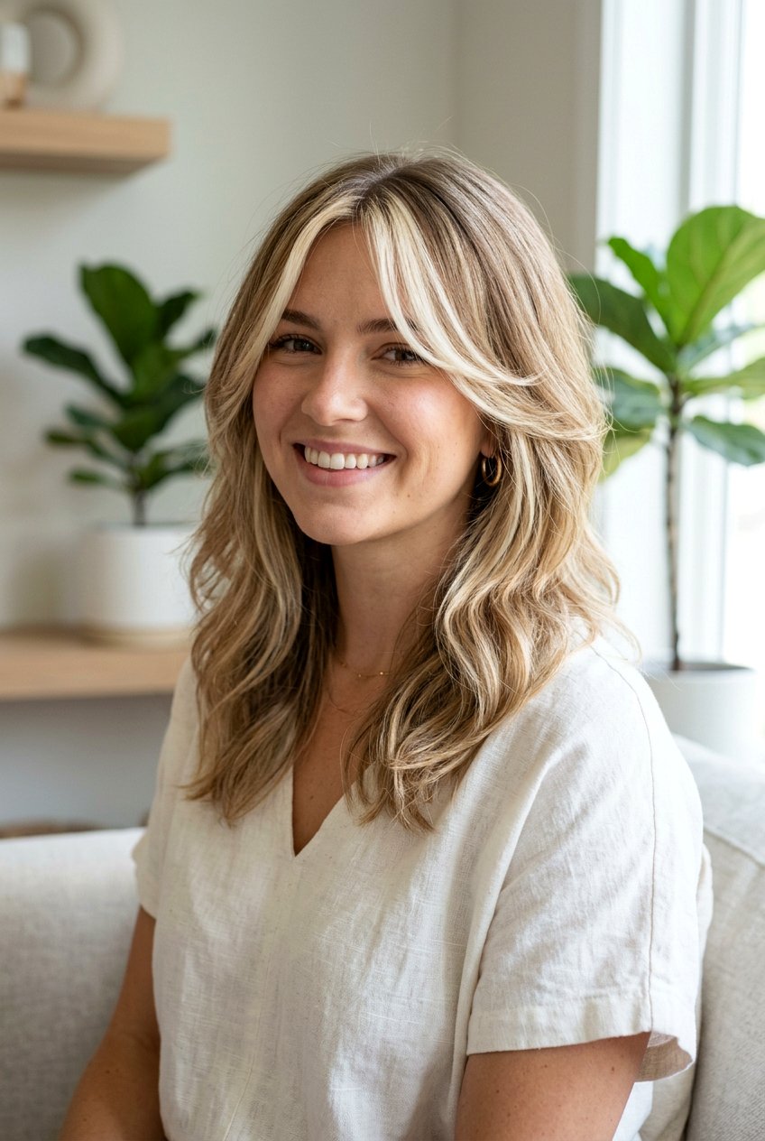 Blonde Ribbon Highlights On Curtain Bangs Haircut - 20 natural looking blonde ribbons - 20 natural looking blonde ribbons