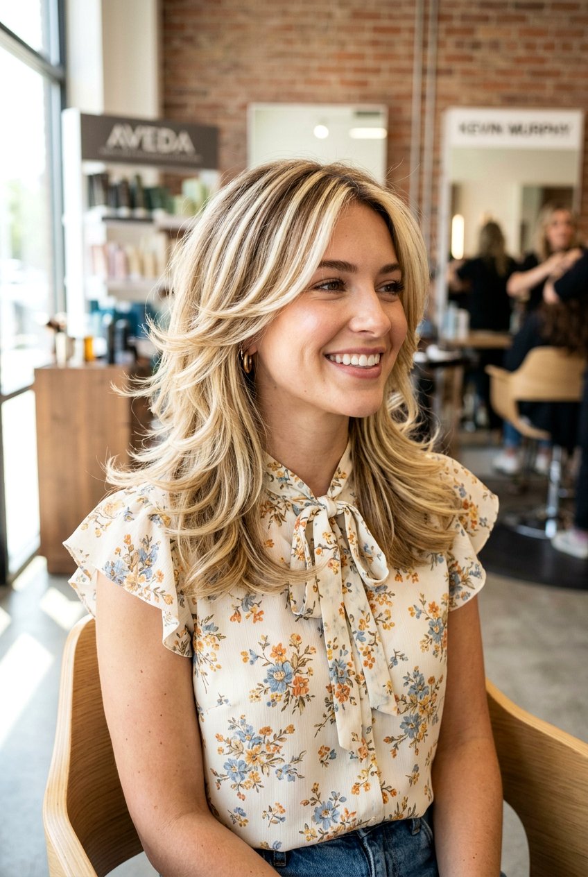 Blonde Ribbon Highlights On Feathered Layers - 20 natural looking blonde ribbons - 20 natural looking blonde ribbons