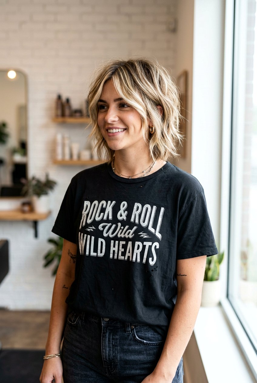 Blonde Ribbon Highlights On Short Shag - 20 natural looking blonde ribbons - 20 natural looking blonde ribbons