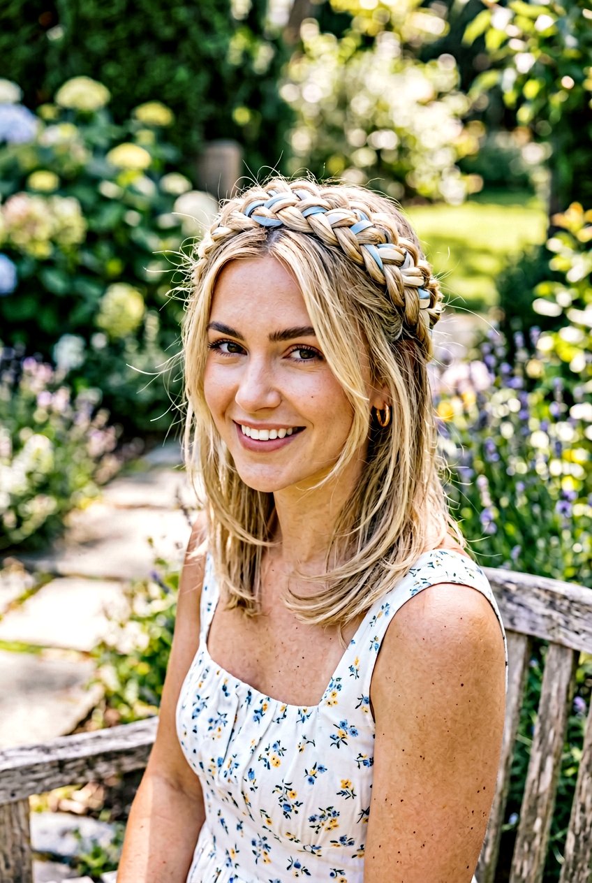 Blonde Ribbon Milkmaid Braids Medium Layered Hair - 20 blonde ribbons for medium layered hair - 20 blonde ribbons for medium layered hair