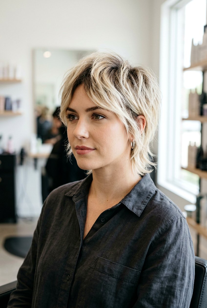 Blonde shaggy pixie with dark roots - 20 short shaggy pixie cut - 20 short shaggy pixie cut