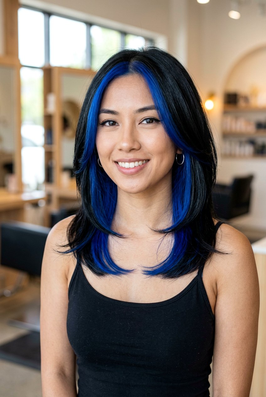 Blue Money Piece With Blue Underlights on Black Hair - 20 blue money piece on black hair - 20 blue money piece on black hair