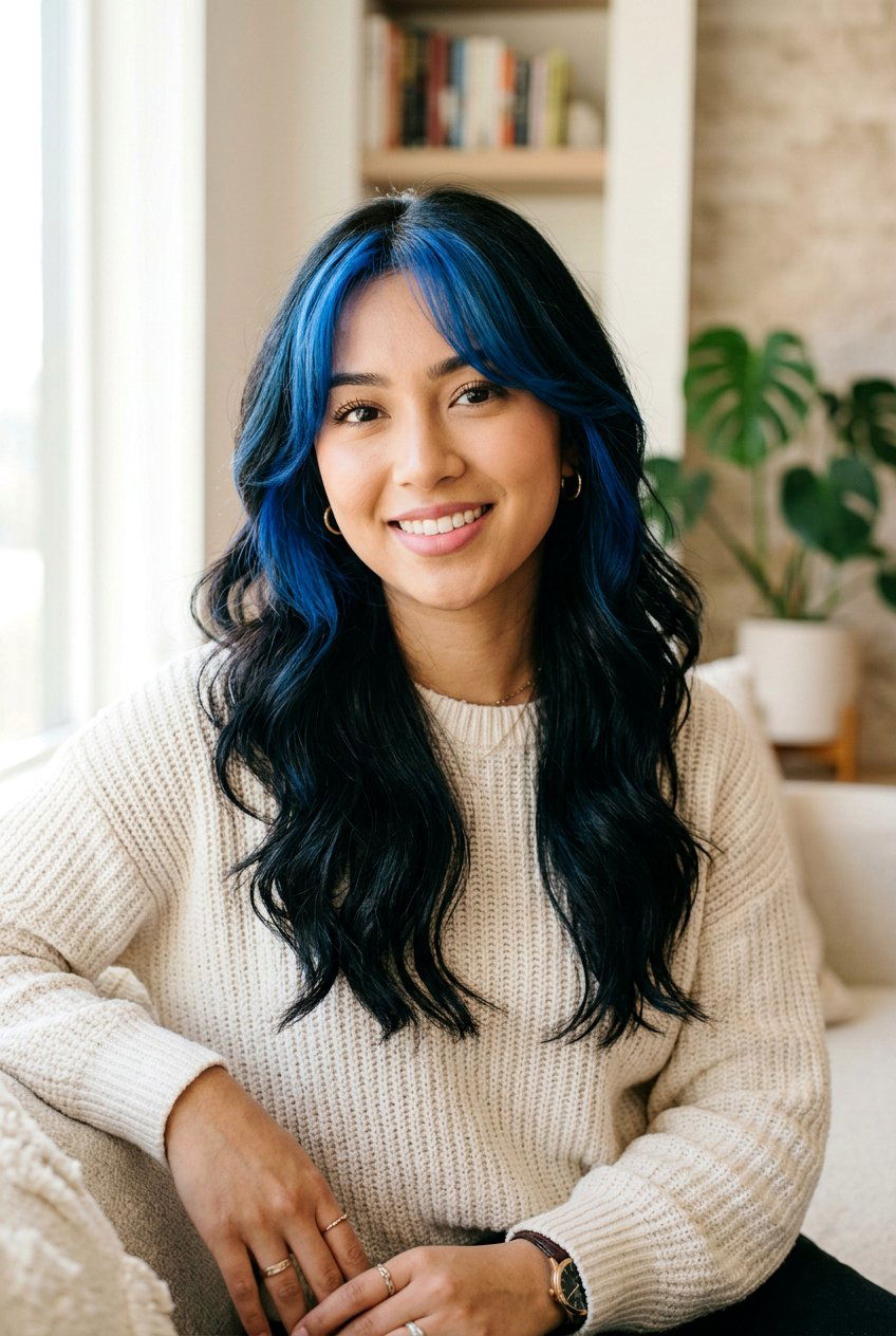 Blue Money Piece With Curtain Bangs on Black Hair - 20 blue money piece on black hair - 20 blue money piece on black hair