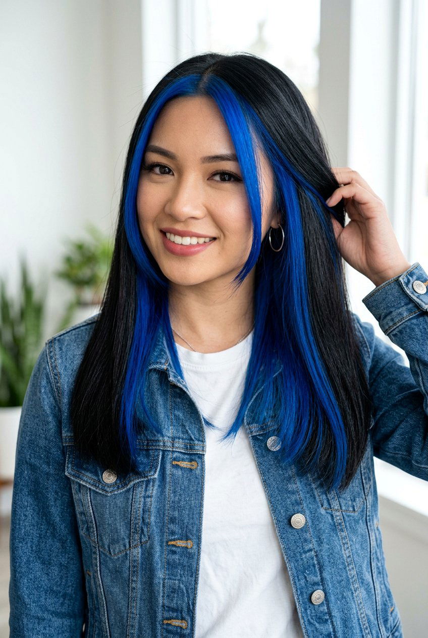 Blue Money Piece With Peekaboo Highlights on Black Hair - 20 blue money piece on black hair - 20 blue money piece on black hair