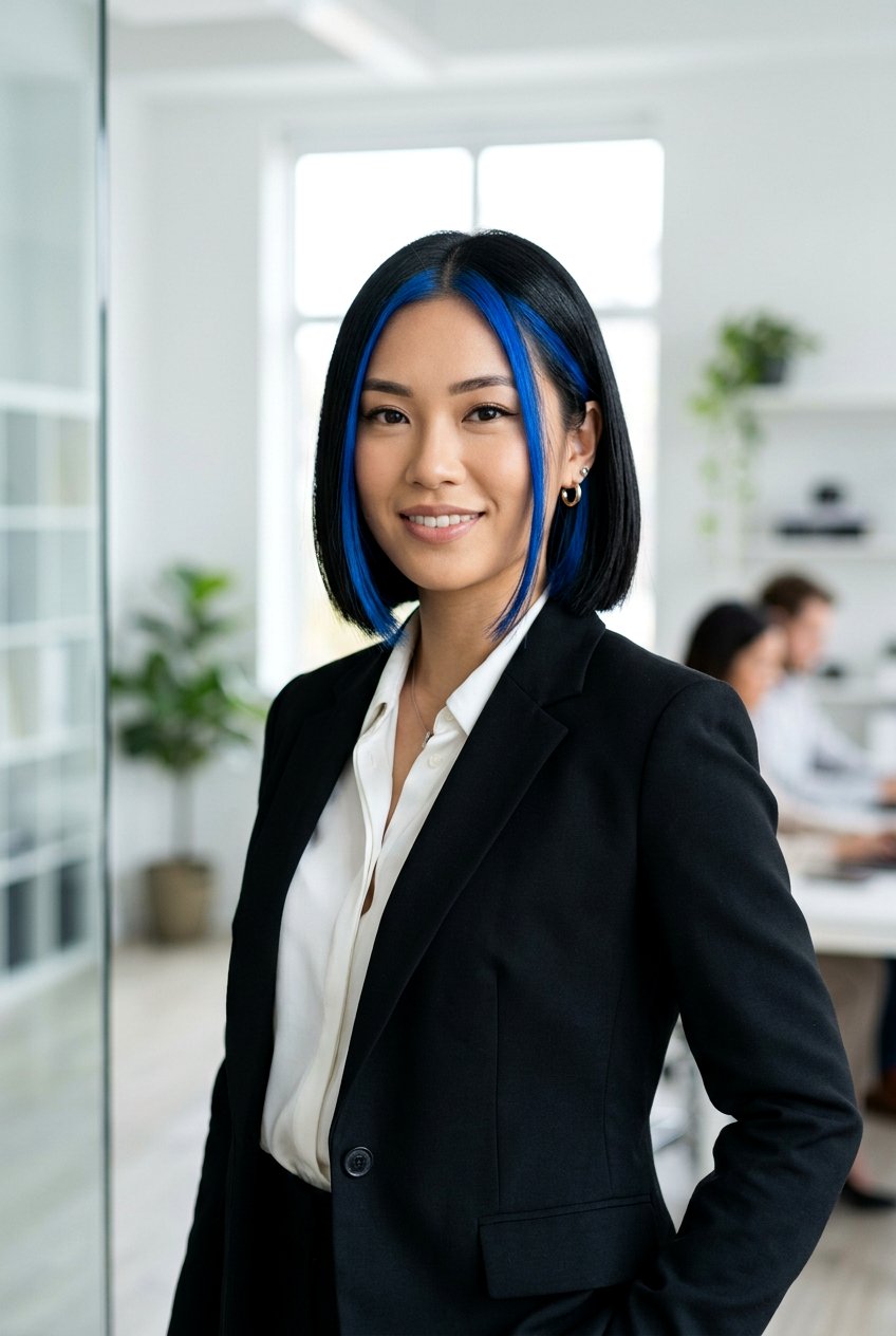 Blue Money Piece on Black Bob Haircut - 20 blue money piece on black hair - 20 blue money piece on black hair