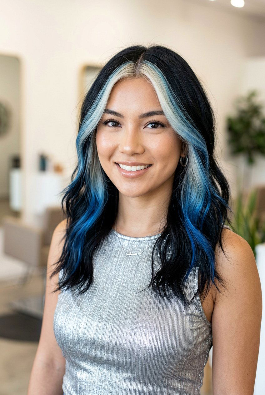 Blue Money Piece on Black Hair With Blonde Blend - 20 blue money piece on black hair - 20 blue money piece on black hair