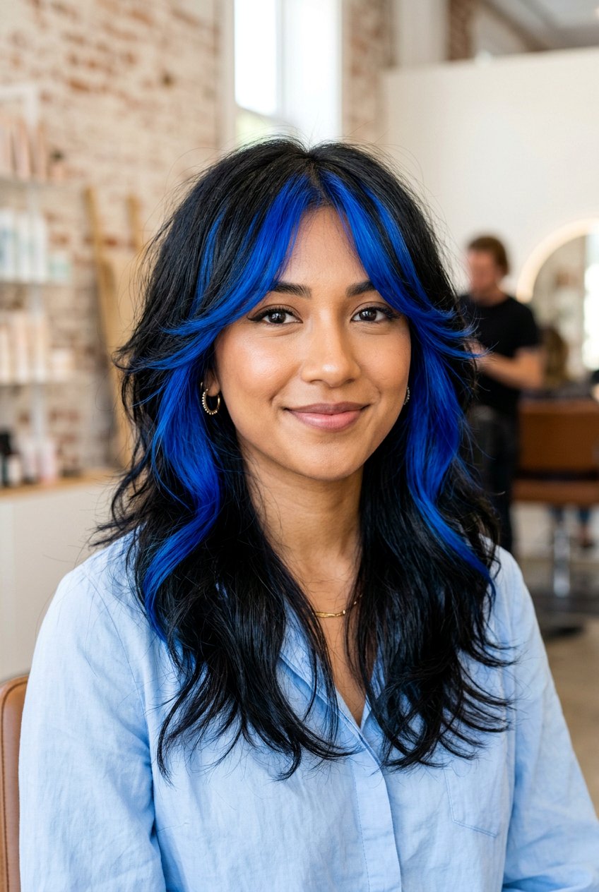 Blue Money Piece on Black Hair With Face Framing Layers - 20 blue money piece on black hair - 20 blue money piece on black hair