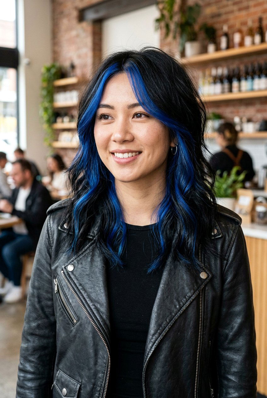 Blue Money Piece on Black Hair With Layers - 20 blue money piece on black hair - 20 blue money piece on black hair