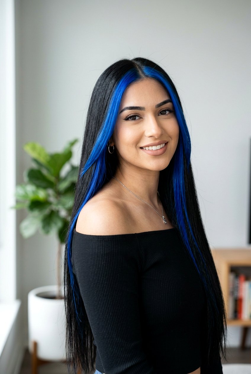 Blue Money Piece on Long Black Hair - 20 blue money piece on black hair - 20 blue money piece on black hair