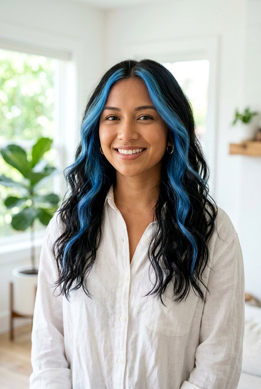 Blue Money Piece on Wavy Black Hair - 20 blue money piece on black hair - 20 blue money piece on black hair