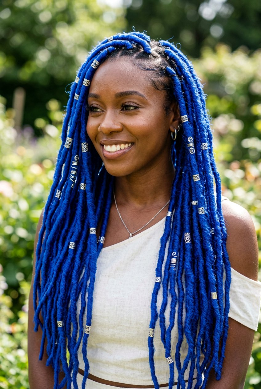 Blue faux locs with accessories - 20 faux locs hairstyles - 20 faux locs hairstyles