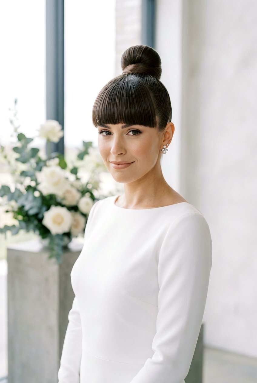 Blunt Bangs With Sleek High Bun - 20 bridal hairstyle for women with bangs - 20 bridal hairstyle for women with bangs
