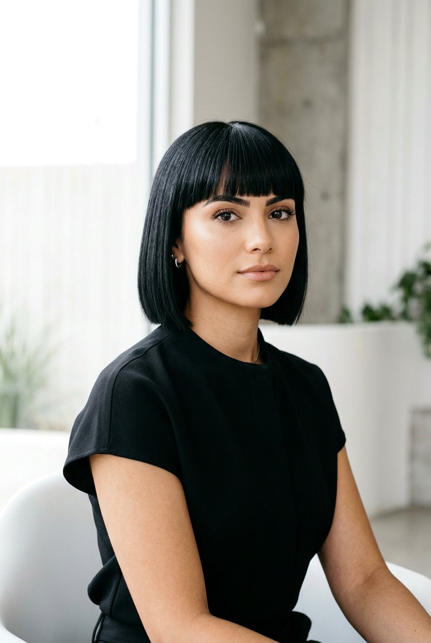 Blunt Bob with Straight Bangs - 20 haircuts for big forehead - 20 haircuts for big forehead