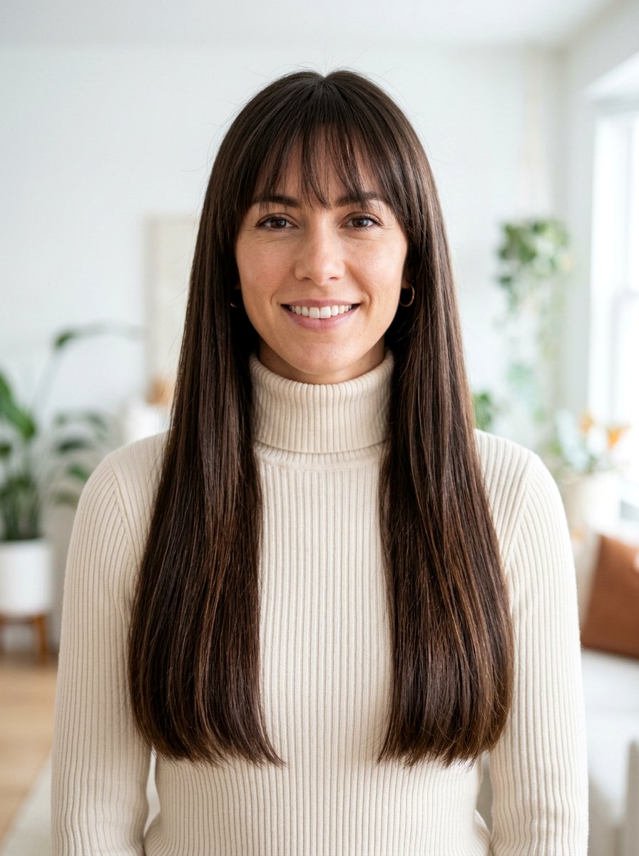 Blunt Cut Long Hair With Wispy Bangs - 20 easy hairstyle for long fine straight hair - 20 easy hairstyle for long fine straight hair