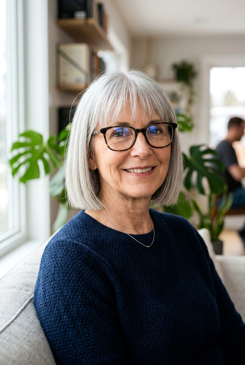 Blunt bob with wispy bangs - 20 hairstyles for women over 50 with glasses - 20 hairstyles for women over 50 with glasses