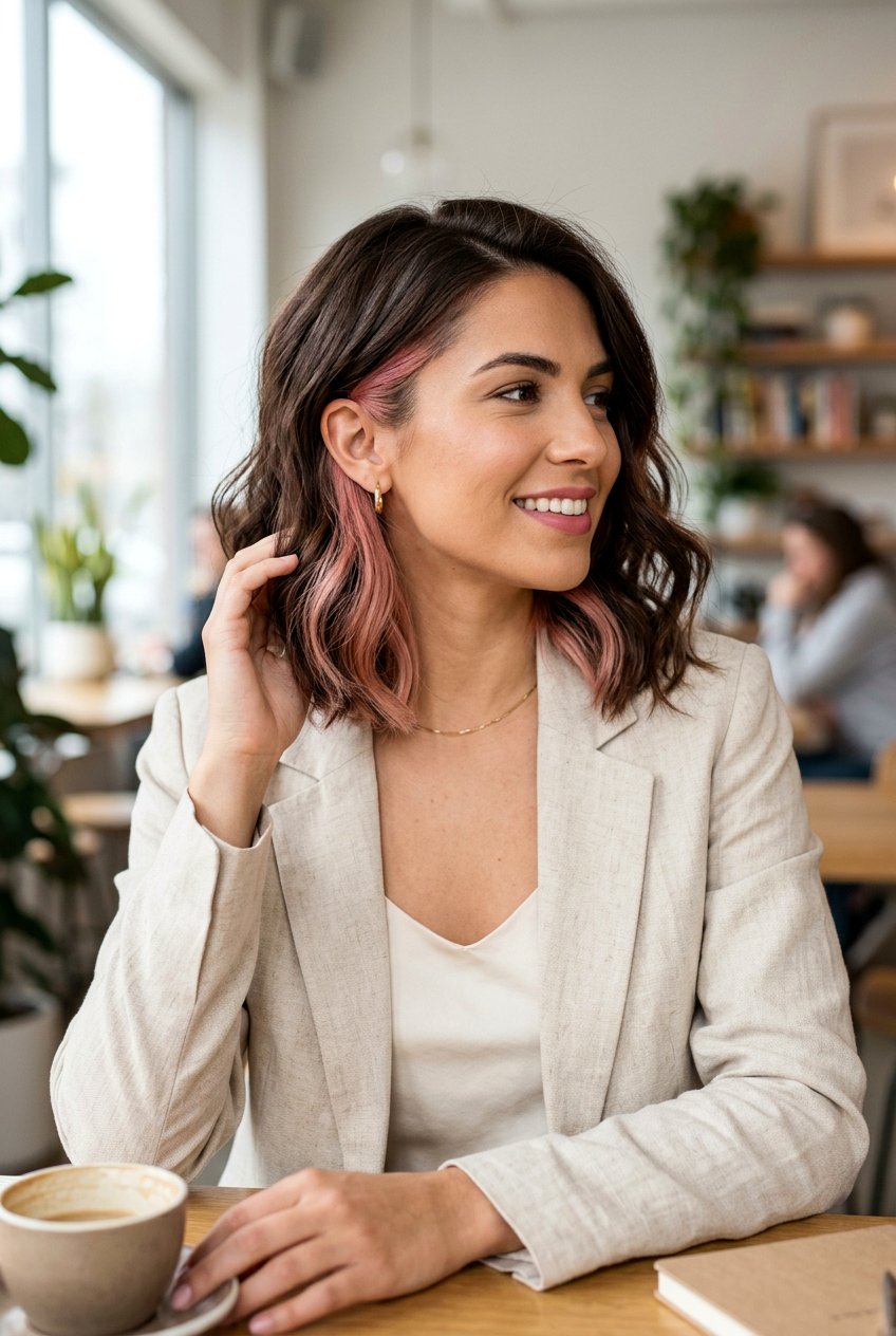 Blush Pink Underlayer Brunette Lob - 20 blush pink underlayer hair - 20 blush pink underlayer hair