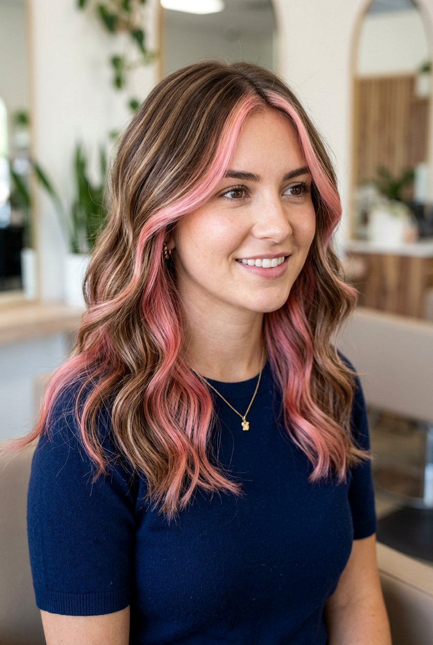 Blush Pink Underlayer with Face Framing Highlights - 20 blush pink underlayer hair - 20 blush pink underlayer hair