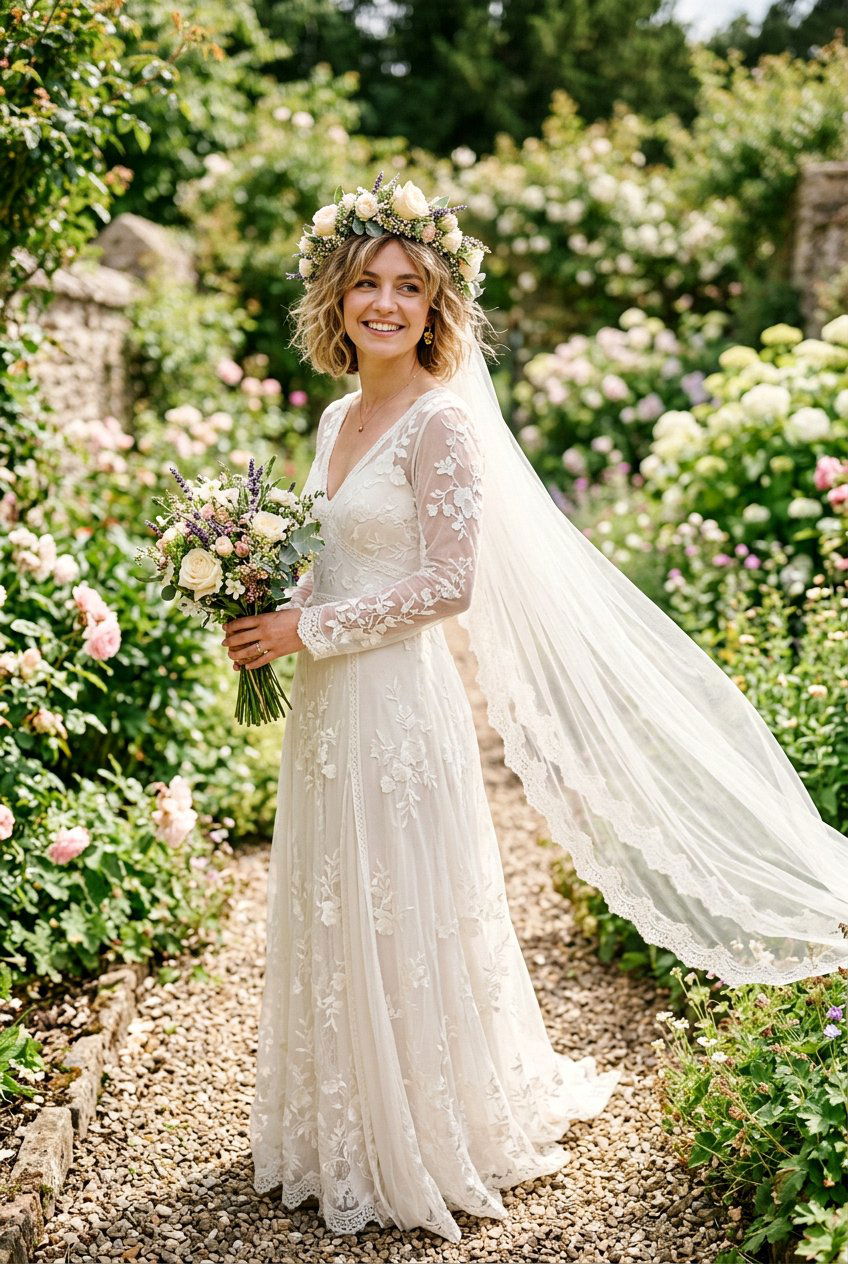 Bob With Floral Crown - 20 bridal hairstyle for short bob with veil - 20 bridal hairstyle for short bob with veil