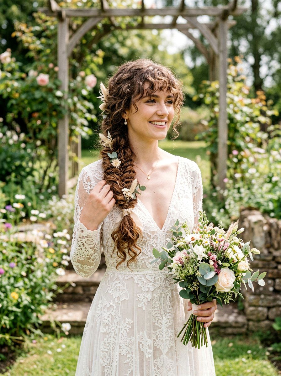 Bohemian Braid with Curly Bangs - 20 wedding hairstyles for brides with bangs - 20 wedding hairstyles for brides with bangs