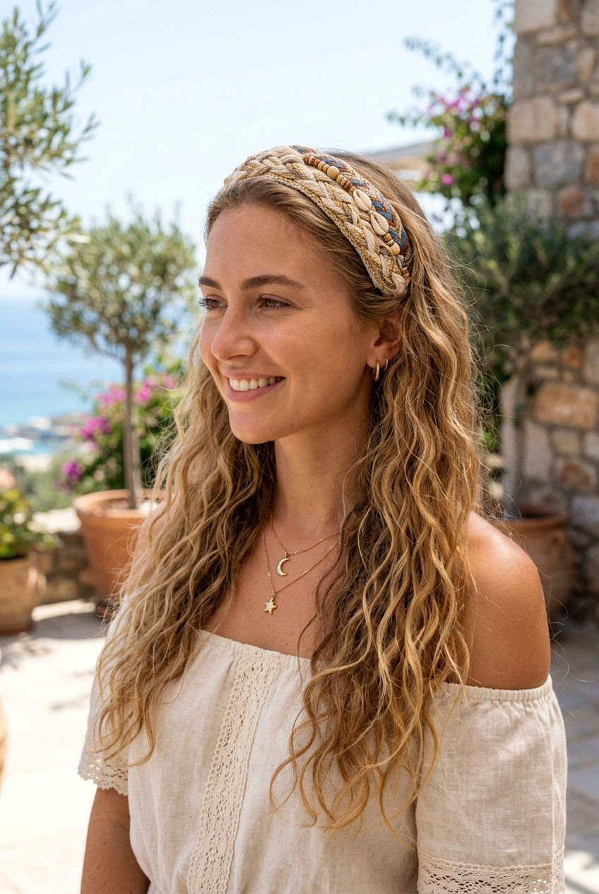 Bohemian Braided Headband With Waves - 20 beach hairstyle with saltwater waves - 20 beach hairstyle with saltwater waves