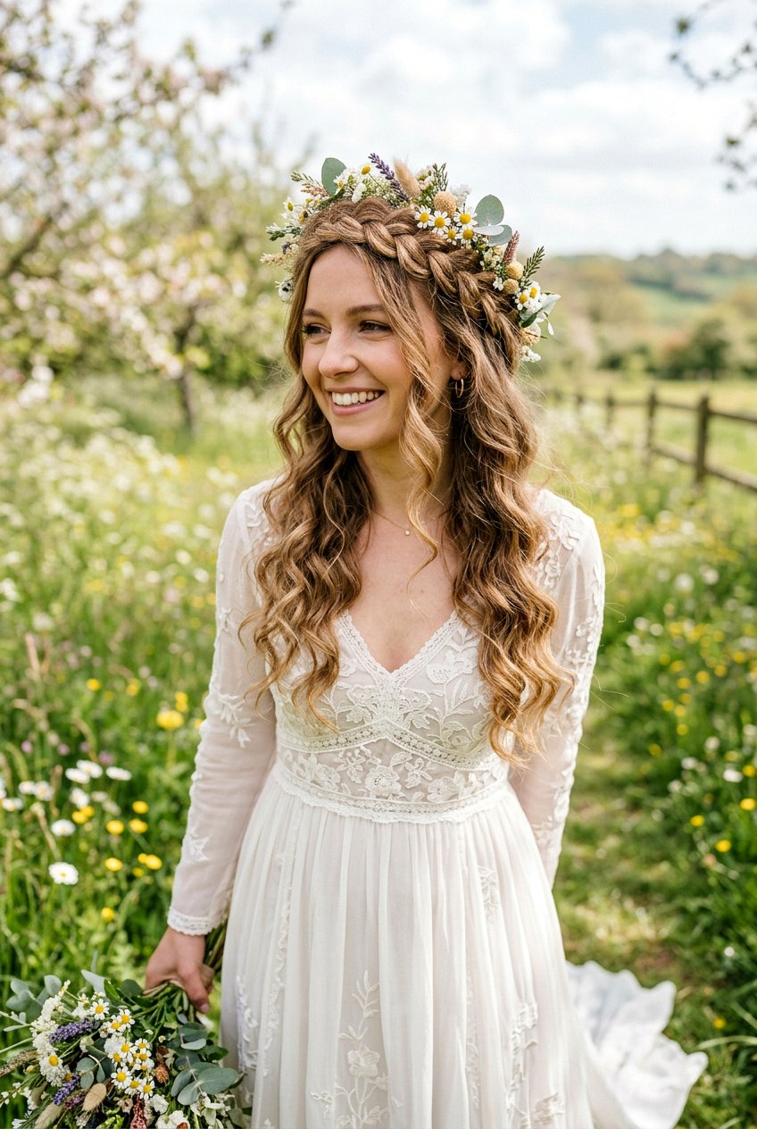 Bohemian Bridal Braid Crown With Loose Curls - 20 bridal braid crown with loose curls - 20 bridal braid crown with loose curls