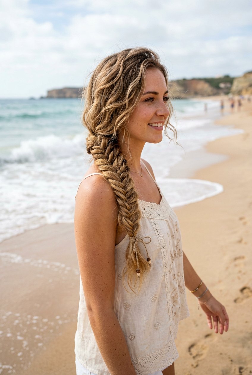 Bohemian Fishtail Braid For Beach Days - 20 vacation braids hairstyles - 20 vacation braids hairstyles