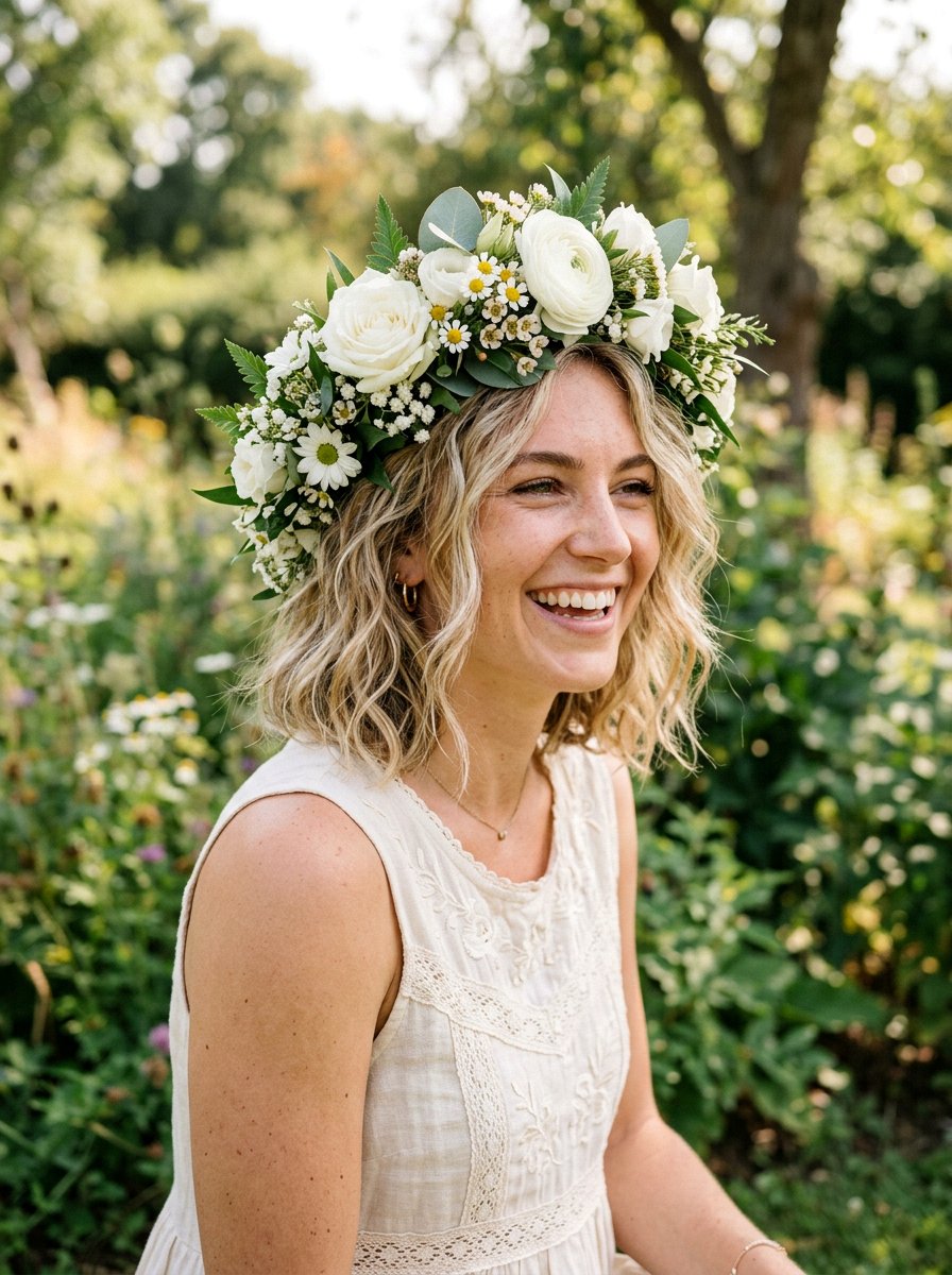 Bohemian Flower Crown Bob - 20 wedding hairstyles for short bob hair - 20 wedding hairstyles for short bob hair