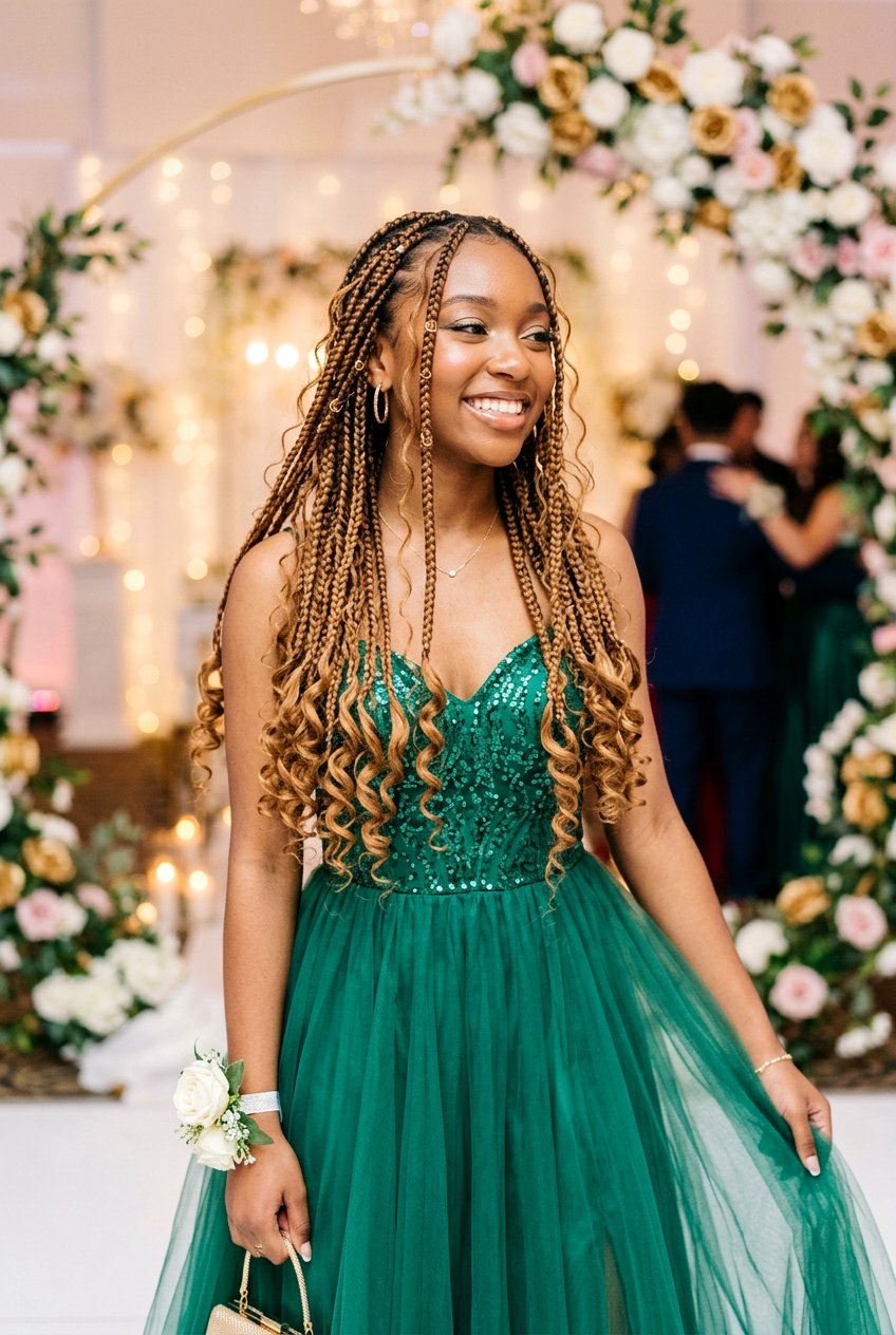 Bohemian Knotless Braids with Loose Curls - 20 prom knotless braids with curls - 20 prom knotless braids with curls