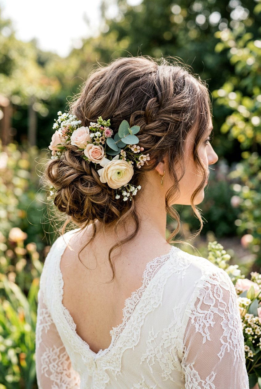 Bohemian Low Bun With Floral Accessories - 20 bohemian wedding hairstyles - 20 bohemian wedding hairstyles