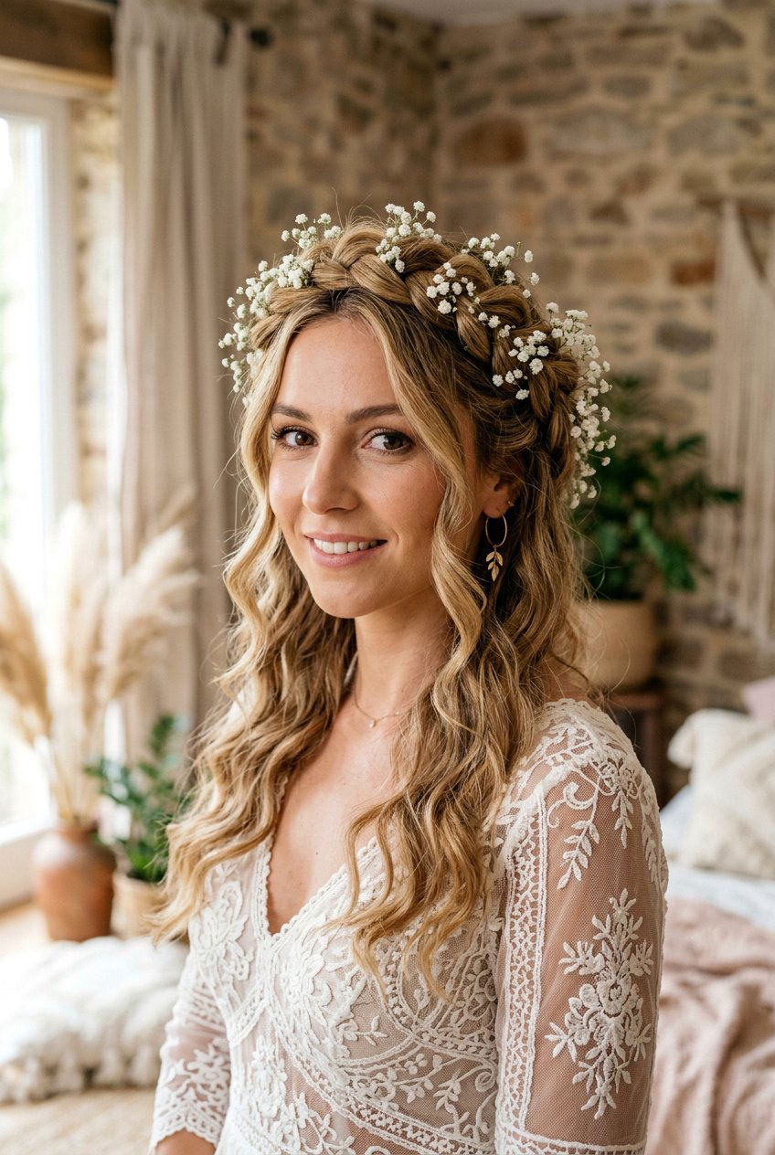 Bohemian Twisted Halo With Floral Accents - 20 prom hairstyle with twisted half up - 20 prom hairstyle with twisted half up