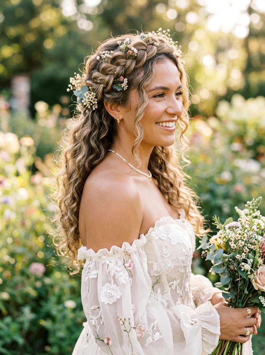 Boho Braid Crown - 20 wedding hairstyles for curly brides - 20 wedding hairstyles for curly brides